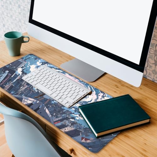 Japanese Anime Gaming Mouse Pad Cartoon Girl Cityscape Vortex Extended Mousepad Waterproof Stitched Edges Rubber Base Non-Slip Deskpad Computer Keyboard Mat 31.5x11.8 in - color: Japanese Anime, size: 31.5L x 11.8W inches