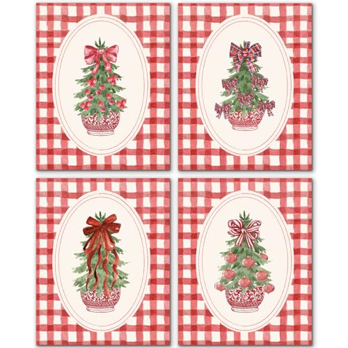 JINYO Red Chinoiserie Christmas Tree Plaid Wall Art Prints Set of 4, Grandmillennial Christmas Decor, Coquette Red Bow Xmas Posters Pictures Wall Decor for Living Room Bedroom Home, 8x10 Unframed - color: Christmas poster set of4-c