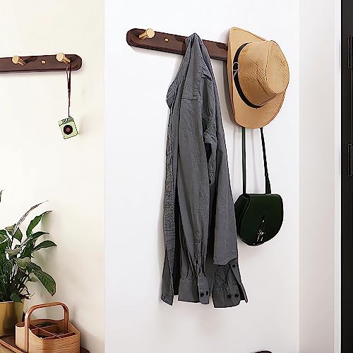 Wall Mounted Coat Rack, Entryway Hanging Rack, Metal Wood Coat Rail with 4 Rustic Hooks for Scarf, Bag, Towel, Key, Cup, Hat - Walnut Gold Matt - size: 4 Hooks - Round Shape