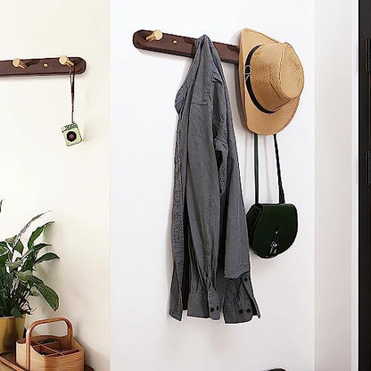 Wall Mounted Coat Rack, Entryway Hanging Rack, Metal Wood Coat Rail with 4 Rustic Hooks for Scarf, Bag, Towel, Key, Cup, Hat - Walnut Gold Matt - size: 4 Hooks - Round Shape
