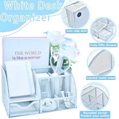 White Desk Accessories, 25Pcs White Office Supplies and Desk Organizers, with Tape Dispenser, Stapler, Staple Remover, Ect, Gift Box Packaging - color: White