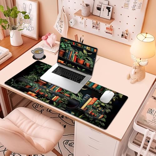 Large Mouse Pad + Keyboard Wrist Rest Set, Extended Gaming Mousepad (31.5X11.8 inch) with Non-Slip Rubber, Ergonomics Memory Foam Mouse Wrist Rest Support, Bookshelf Plants Pattern XXL Desk Pad - color: Yu-Mouse Pad-3-B41