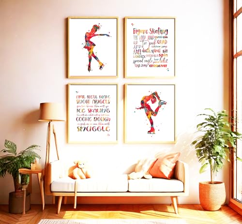 Inspirational Watercolor Ice Skater Girl Figure Skating Illustration Art Print Set for Girl's Bedroom Empowerment, Winter Sports Locker Team Boost, Young Spinner Surprises, Team Captain Honors, Coach Appreciation, Birthday Gifts - 8x10 Unframed Print Set
