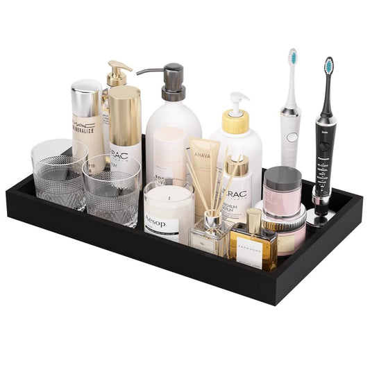 ZHWS Black Bathroom Vanity Tray for Countertop Perfume Makeup Jewelry Candle Decor, Kitchen Tray for Soap Dispenser Spice Salt, Large Black Tray for Toilet Tank Paper, Serving Nightstand 13”x6.5” - color: Black, size: 13" x 6.5" x 1.1"