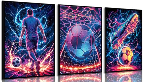 3Pcs Cool Soccer Wall Art Abstract Soccer Sneakers Posters Prints Paintings Neon Boys Football Themed Bedroom Wall Decor Artwork for Boys Room Teen Kids Playroom Decoration 16x24in - color: Poster, size: 24L"x16W"