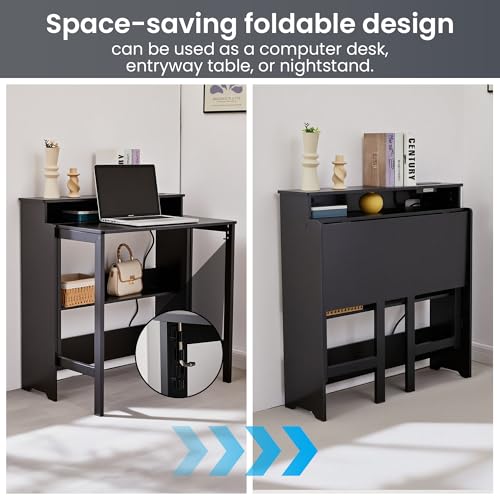 Folding Desk with Charging Station,Fold Out Desk with Monitor Stand,Storage Shelf,Small Foldable Computer Desk for Compact Home Office Spaces (Black) - color: Black