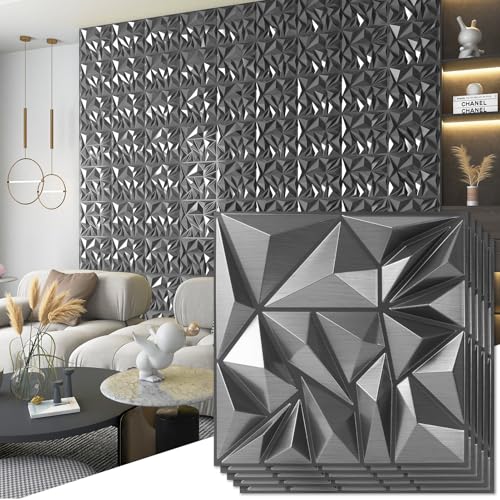 Art3d 33-Pack 3D Wall Panels - Diamond Textured Feature Paneling for Gaming, Living Room, TV Wall - 12 x 12 inch Silver - color: ‎Silver, size: 12x12 Inch 33 pcs