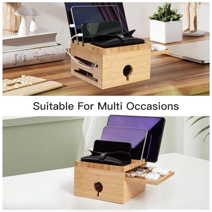 Bamboo Charging Station Organizer, No USB Charger and Cables | Nightstand Docking Station with Small Tray, Desktop Wood Charger Organizer, Compatible with Cell Phone, Tablet, Earphones - color: Natural bamboo color