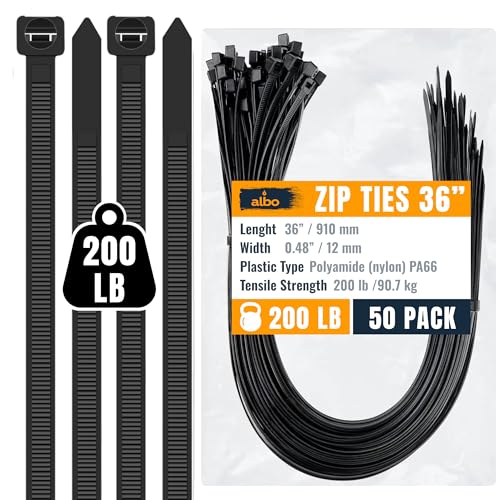 ALBO Black Zip Ties 36 Inch Plastic Cable Ties 50 Pack Tie Wraps Heavy Duty 200lb UV Resistant Nylon Wire Ties - size: 36" Black 50 Pack 200lb