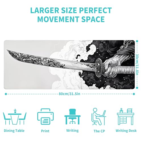 Katana Gaming Mouse Pad 31.5x11.8 Inch Large Black Long Extended Pads Big Mousepad Large Non-Slip Rubber Base Waterproof Big Keyboard Mat with Stitched Edges for PC Computer Laptop and Office - color: Katana