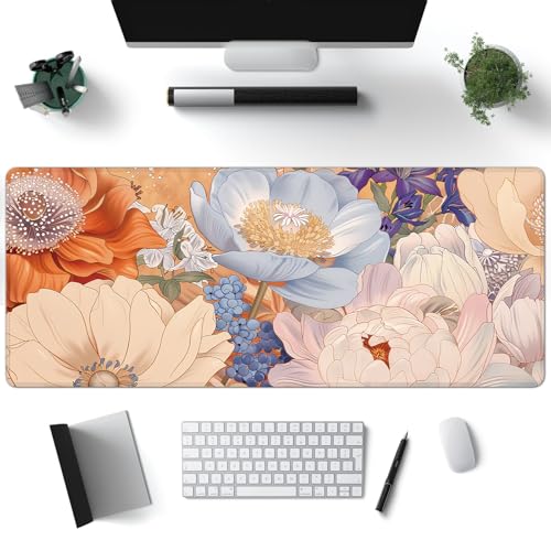 Desk Mat, Aesthetic Dark Flowers XXL 35.4"x15.7"Large Gaming Mouse Pad, 3mm Thick Gaming Keyboard Pad,Desk Pad Non-Slip Rubber Base with Stitched Edges for Office Game Home Decor - color: Aesthetic Dark Floral