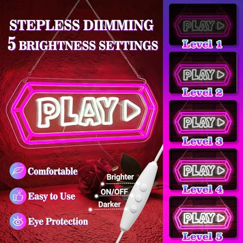 Play Neon Sign for Wall Decor, LED Play Button Light, USB Powered Dimmable Accent for Game Room, Bedroom, Gaming Setup, Gamer Gift (Pink) - color: Pink-PLAY