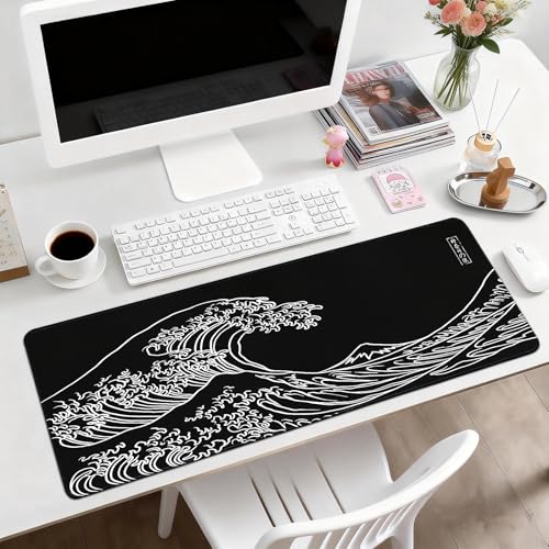 Gaming Desk Mat with Silky Smooth Surface & Exquisite Patterns,31.5x11.8 Inches Large-Sized Mouse Pad, Perfect for Extended Gaming,Work,and Home Office Decor (Kanagawa Waves 3) - color: Kanagawa Waves 3