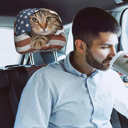 Dujiea 2 Pack American Flag Cat Car Headrest Covers, Universal Soft Car Seat Head Rest Cover Protector, Vehicle Accessories Fabric Headrest Cover for Cars Vans Trucks - color: American Flag Cat