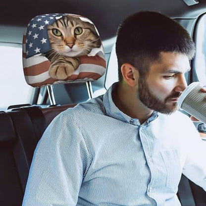 Dujiea 2 Pack American Flag Cat Car Headrest Covers, Universal Soft Car Seat Head Rest Cover Protector, Vehicle Accessories Fabric Headrest Cover for Cars Vans Trucks - color: American Flag Cat