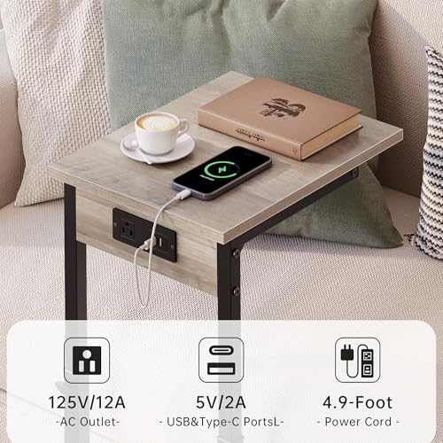 Vagusicc C Shaped End Table with Charging Station, Adjustable Height Side Table for Couch, C Table End Table Couch Table that Slide Under, Sofa Table TV Tray Arm Tables for Living Room, Bedroom, Gray - color: Greige, style: Charging Station