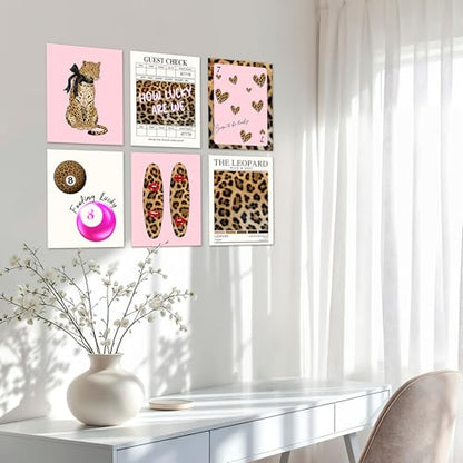 Isfvqyub Preppy Cheetah Leopard Wall Art, Aesthetic Lucky 8 Ball Stockholm Poster For Girl Boy, Trendy Pink Poker Wall Decor For Bedroom Dorm College Apartment Office, Set Of 6 -A04 - size: Leopard