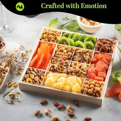 NUT CRAVINGS - Dried Fruit & Mixed Nuts Gift Basket in Reusable Wooden Tray + Ribbon (12 Assortments) Food Arrangement, Healthy Snack Care Package, Kosher - style: 6. Red Ribbon Dried Fruits & Nuts Wooden Tray
