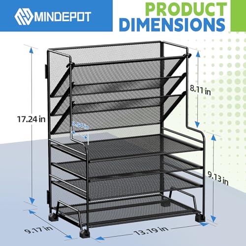 MINDEPOT 4-Tier Paper Organizer + 3-Pocket File Holder + Drawer + Pen Holders, Desktop File Organizers Paper Tray for Office Supplies School Classroom Organization (Black, No Drawer & Pen Holder) - color: Black, No Drawer & Pen Holder