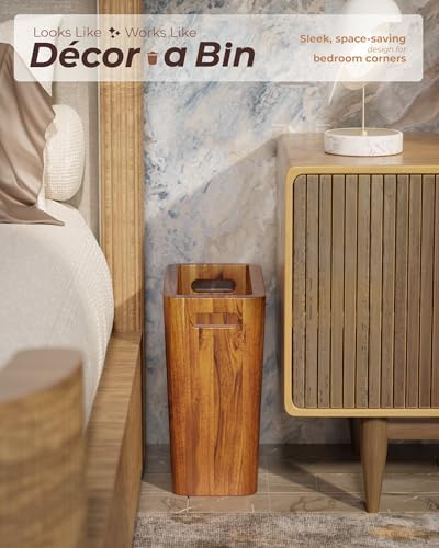 BLUEWEST 2.6 Gallon Acacia Wooden Bathroom Trash Can, Small Wastebasket with Handle, Decorative Wood Bin for Bedroom, Office or Under Counter Use