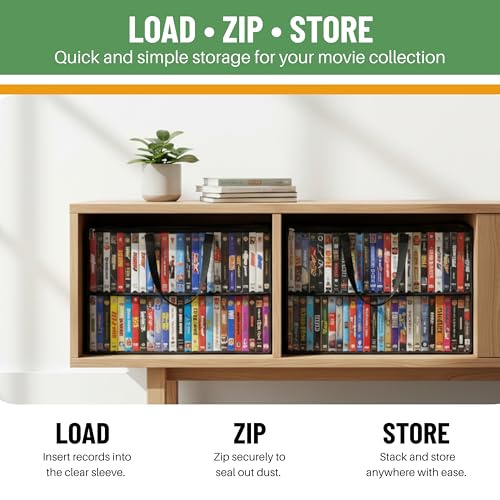 Evelots 4 Pack-VHS Movie Tape Storage Bag/Case, Clear PVC Plastic-Holds 200 Total, Strong Handles-No Dirt/Moisture/Dust - size: 4-Pack (Holds 200), style: Vhs Storage Bag