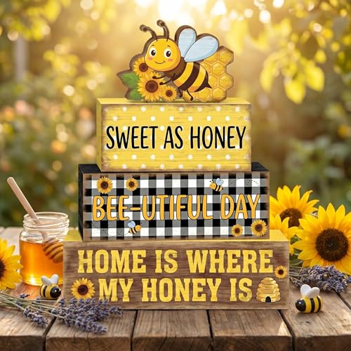 4 Pcs Bumble Bee Tiered Tray Decor Bee Sunflower Wooden Signs Yellow Farmhouse Shelf Sitters Spring Summer Table Centerpiece Honey Theme Decorations For Kitchen Living Room - style: Bee