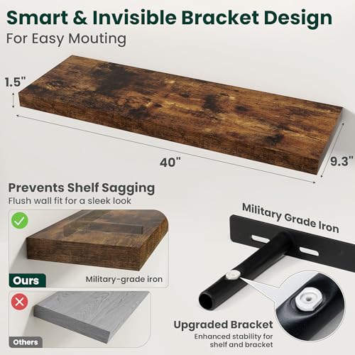 Floating Shelves for Wall 40 in x 9.3 in Deep, Wall Mounted Rustic Wood Shelf with Invisible Brackets for Storage & Display, Living Room Bedroom Bathroom, Brown, 2 Pack - color: Rustic Brown, size: 40 Inch, 2 pack