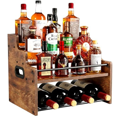4-Tier Wood Display Shelf Wine Rack for 16 Bottles Wood Coffee Syrup Organizer with Handles Home Whiskey Shelf Retro Mini Liquor Cabinet Spice Rack Coffee Bar Shelves, Brown - color: Brown