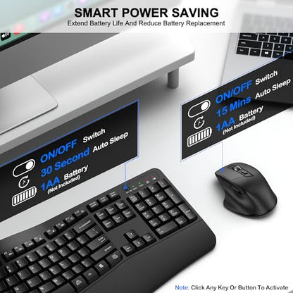 Wireless Keyboard and Mouse Combo, 2.4G Full Size Wave Keys Ergonomic Keyboard with Wrist Rest and 3-Level DPI Adjustable Wireless Ergonomic Mouse for Windows, Mac OS Desktop/Laptop/PC(Black) - color: Black