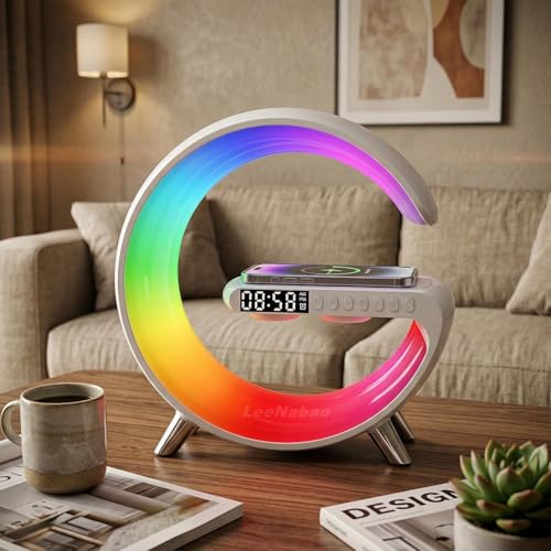 Smart LED Table Lamp,4-in-1 Wireless Charger with Speaker,Night Light, Alarm Clock, and Bluetooth Speaker with App Control, Ideal Gifts for Home, Office, Christmas(White) - color: White