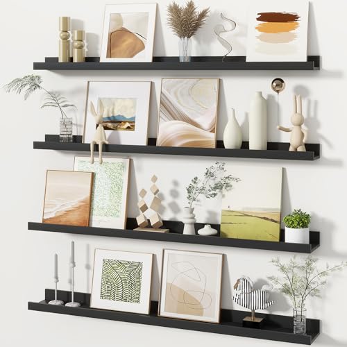 Fun Memories Picture Ledge Shelves Set of 4, 36 Inch Rustic Wall Mounted Floating Shelves with Lip for Home Storage and Décor in Bathroom, Kitchen, Nursery, Bedroom, Living Room, Black - color: Black, size: 36 inch, Set of 4