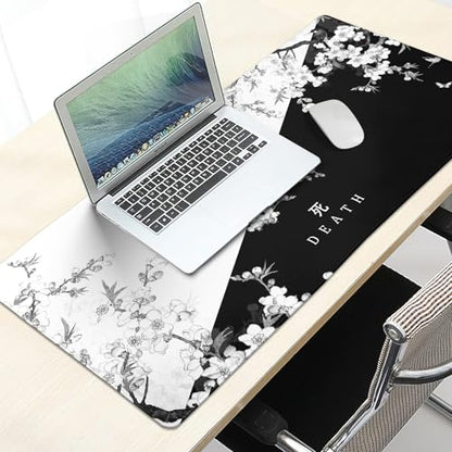 Black and White Cherry Blossom Gaming Mouse Pad XL，Large Mouse Pad Japanese Sakura Death Life Mouse Mat Desk Pad, Extended Stitched Non-Slip Rubber Edges Mousepad 31.5 X 11.8 Inch - color: Black and White Cherry Blossom, size: 31.5x11.8 Inch