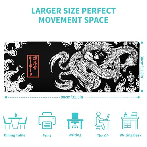 Black and White Mouse Pad Extra Large Gaming Mousepad Dragon Desk Mats Japanese Full Keyboard Mat Computer Pad Desk Mat with Stitched Edges Non-Slip Desktop 31.5 x11.8 in - color: Dragon
