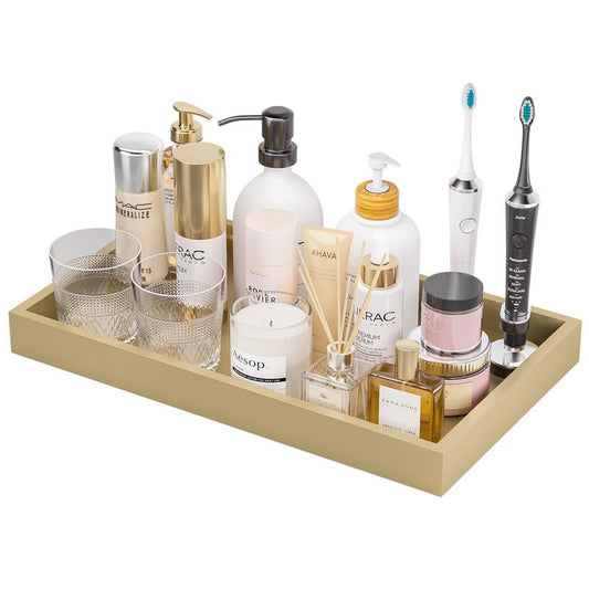 ZHWS Gold Bathroom Vanity Tray for Countertop Perfume Makeup Jewelry Candle Decor, Kitchen Tray for Soap Dispenser Spice Salt, Large Gold Tray for Toilet Tank Paper, Serving Nightstand 13”x6.5” - color: Gold, size: 13" x 6.5" x 1.1"
