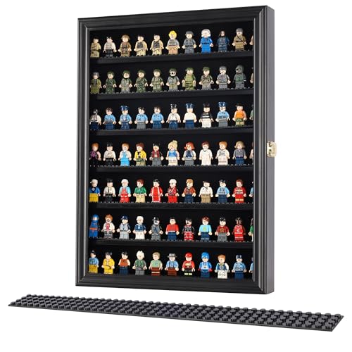 Minifigure Display Case - Building Block Toy Wall Cabinet Showcase for Small Miniature Collectibles Mini Brands Thimbles, Lockable UV Protection Door (Black Finish Frame) - size: Large - Black