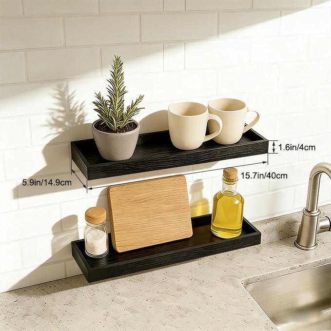 Floating Shelves with Raised Lip for Wall, 15.7 Inch Black Wooden Floating Wall Shelves, Set of 2, Wall Shelves for Bedroom Bathroom Living Room, Rustic Storage Display Shelves - color: Black