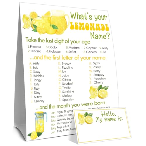 Funny Lemonades Games Sign Cards Set, What's Your Lemonades Name Game Card, Lemonade Party Game Cards, 1 Lemonade Name Sign, 30 Lemon Name Sticker Card, Birthday Party Games Decoration for Boys Girls - style: Lemonades