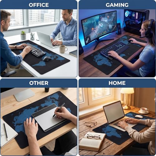 Jeffbaubl Black World Mouse Pad, 35.4 x 15.7 Inch Large Desk Mat, Extended Mousepad Desks Mat, Non Slip Rubber Base & Stitched Edges Desk Pad, Waterproof Mousepad for Computer Office Home Use