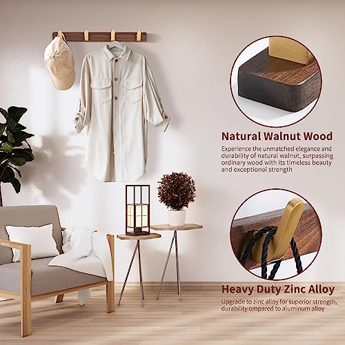 Wall Mounted Coat Rack, Entryway Hanging Coat Rack, Metal Wood Coat Rail with 4 Rustic Hooks Rail for Coat, Scarf, Bag, Towel, Key, Cap, Hat, Walnut Gold Matt - size: 4 Hooks - Curve Shape