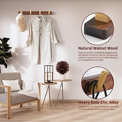 Wall Mounted Coat Rack, Entryway Hanging Coat Rack, Metal Wood Coat Rail with 4 Rustic Hooks Rail for Coat, Scarf, Bag, Towel, Key, Cap, Hat, Walnut Gold Matt - size: 4 Hooks - Curve Shape