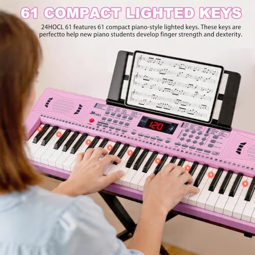 Keyboard Piano 61 Lighted Keys, Electric Keyboard Kit with 100 Voices, 100 Rhythms - Built-In Speaker, Microphone, Sheet Stand and Power Supply, Gift for Children Beginners [Pink, Piano with Stand] - color: Pink