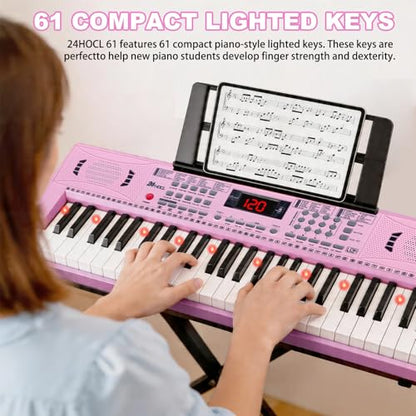 Keyboard Piano 61 Lighted Keys, Electric Keyboard Kit with 100 Voices, 100 Rhythms - Built-In Speaker, Microphone, Sheet Stand and Power Supply, Gift for Children Beginners [Pink, Piano with Stand] - color: Pink
