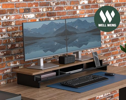 42.5” Monitor Stand Desk Shelf with Phone Tablet Holder Black | desk organizer for 55"–72" desk computer setup ergonomic relief easy assembly excellent stability keyboard storage Wood
