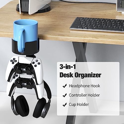 3 in 1 Desk Cup Holder with Headphone and Controller Stand, Universal Adjustable & 360° Rotating Clamp on Under Desk Headphone Hanger for Mugs, Headsets, Gamepads, Phone and Pen