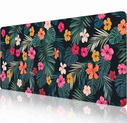 Gaming Mouse Pad, Large Mouse Pads for Desk, Non-Slip Rubber Base Mousepad, Keyboard Mouse Mat, Desk Pad with Stitched Edges, 31.5x11.8 inch Hibiscus Flowers and Palm Leaves - color: Hibiscus Flowers and Palm Leaves, size: 31.5" x 11.8"