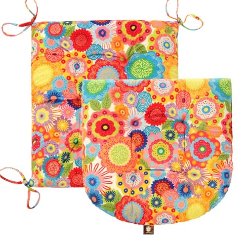 Outdoor Patio Cushion, Rocking Chair Cushion, Tufted Pads, Set of Upper and Lower with Ties Pack of 2 (2 Sets) - Back 20"×17", Seat 17"×17" (Multicolored Flowers) - color: Multicolored Flowers