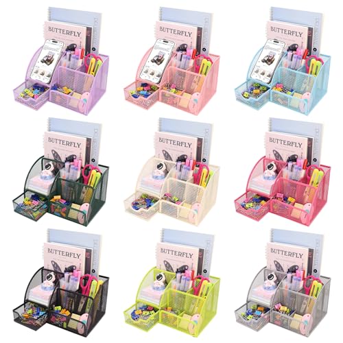 Boutilon Mesh Desk Organizer Desktop Office Supplies Stationary Organizer with 6 Compartments and 1 Drawer Multi-Functional Caddy Pen Holder for Home Office School Desk Decor(Light Blue) - color: Light Blue