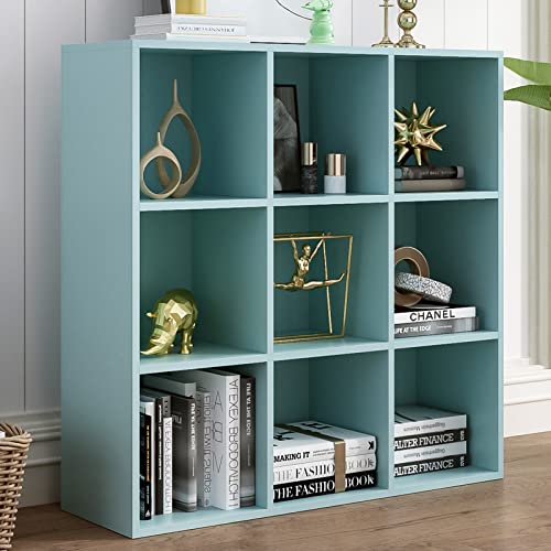 OSCHF 9-Cube Storage Shelf Bookcase - Wooden 3-Tier Floor Standing Open Bookshelf for Home and Office, Display Cabinet, Light Blue - color: Light Blue, size: 9-Cube