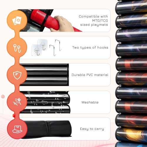 Playmat Holder, Playmat Tube Storage Bag for MTG/TCG with 12+1 Transparent Slots & 4 Hooks, Hangable Playmat Holder for Game Mat and Tubes, Portable Playmat Case, Black