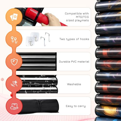 Playmat Holder, Playmat Tube Storage Bag for MTG/TCG with 12+1 Transparent Slots & 4 Hooks, Hangable Playmat Holder for Game Mat and Tubes, Portable Playmat Case, Black